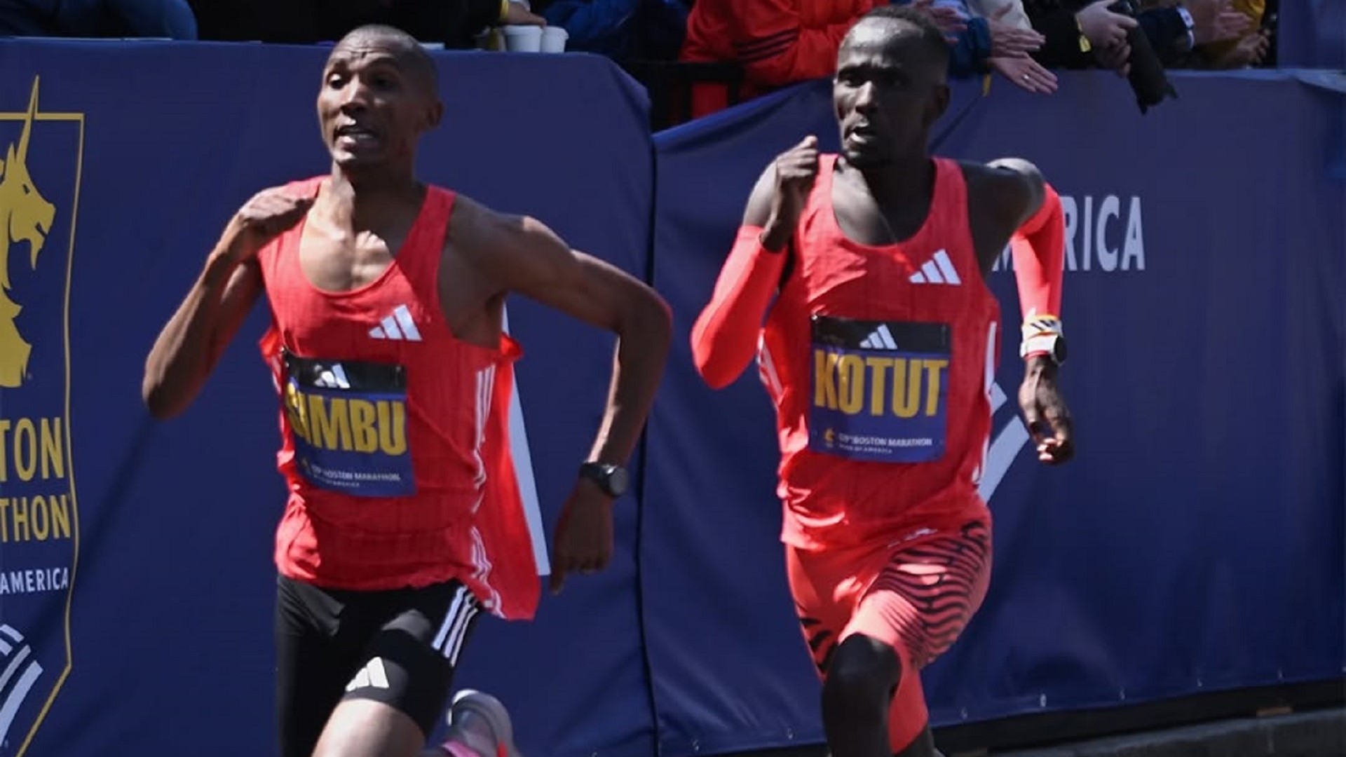 A photo finish at the Boston Marathon Alphonce Felix Simbu and CyBrian Kotut came 2nd and 3rd in Adizero Adios Pro Evo