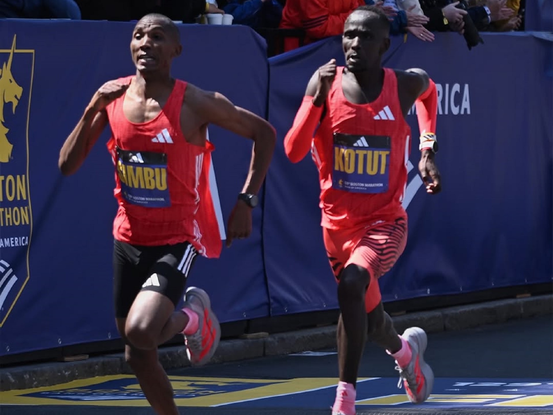 A photo finish at the Boston Marathon Alphonce Felix Simbu and CyBrian Kotut came 2nd and 3rd in Adizero Adios Pro Evo