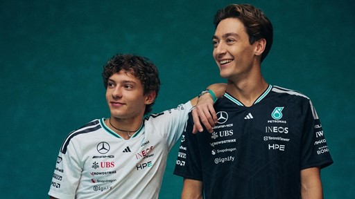 Sneak peek On set with F1 stars Kimi Antonelli and George Russell for the new fan collection