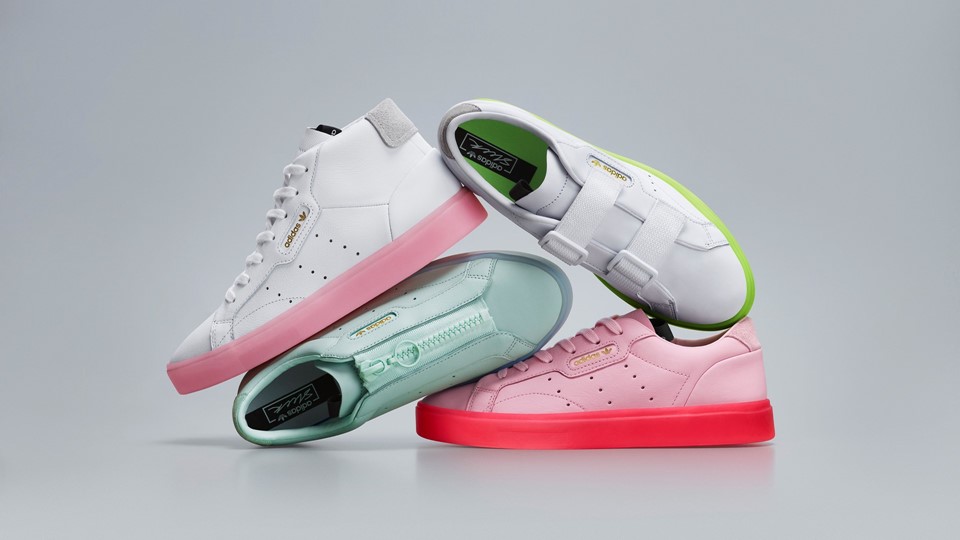 Adidas originals sleek mid top sneaker in white and pink online