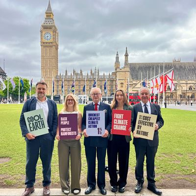 Tony Juniper Lord Deben Matthew owen and Cool Earth team in Westminster asking for 1 of the UK climate budget