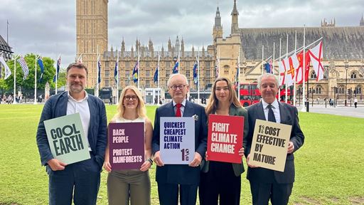 Tony Juniper Lord Deben Matthew owen and Cool Earth team in Westminster asking for 1 of the UK climate budget