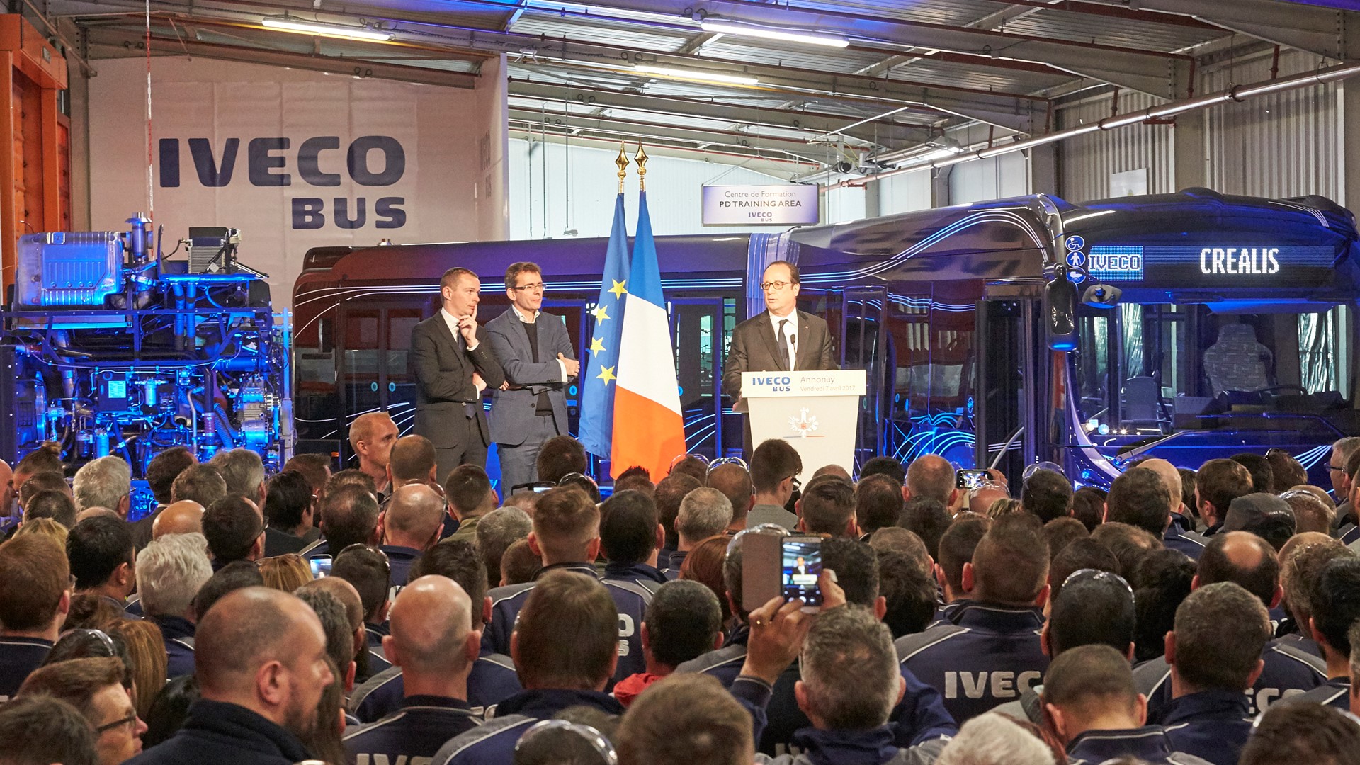 French President François Hollande with Pierre Lahutte, IVECO Brand President and Annonay's Deputy Mayor