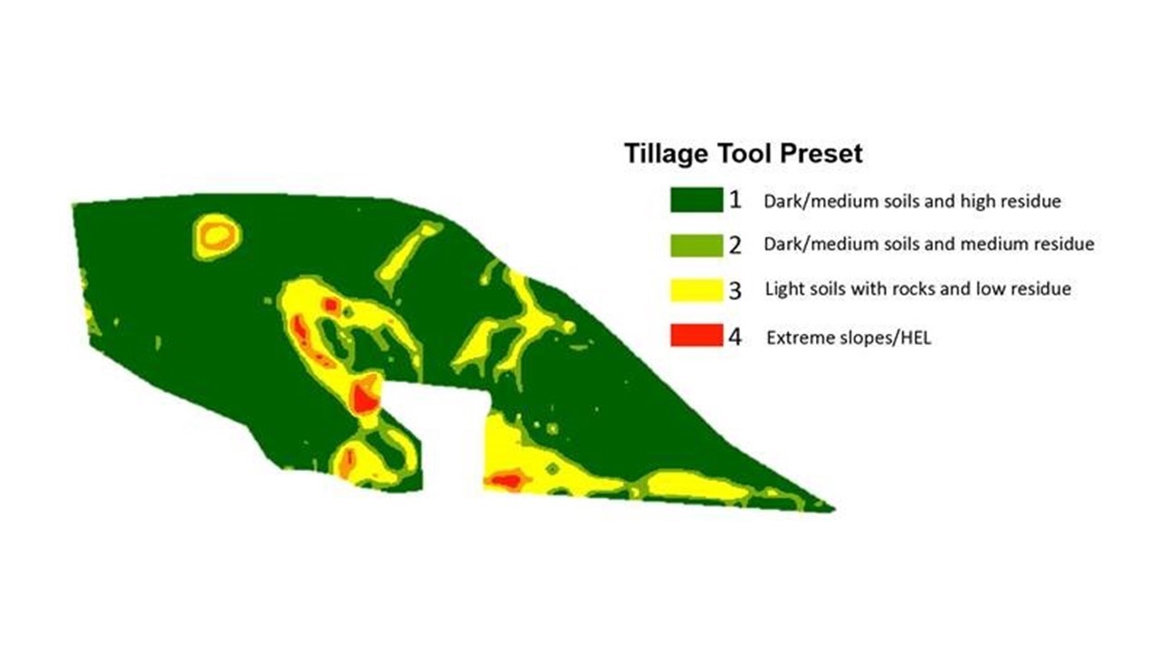 Tillage tool Preset map based on field slope and combine yield data