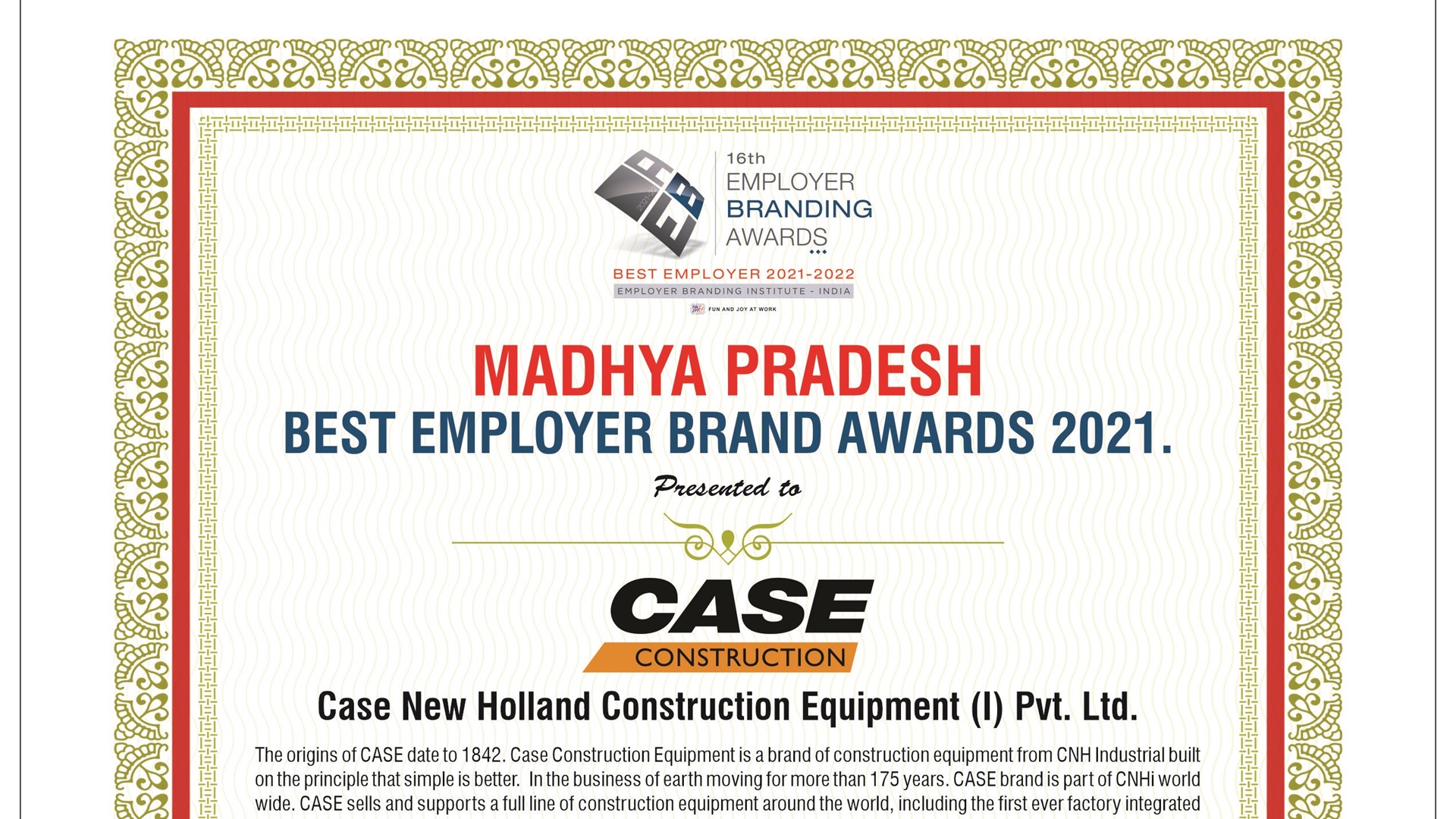 CASE Construction Equipment certified as Madhya Pradesh’s Best Employer Brand for 2021 at World HRD Congress