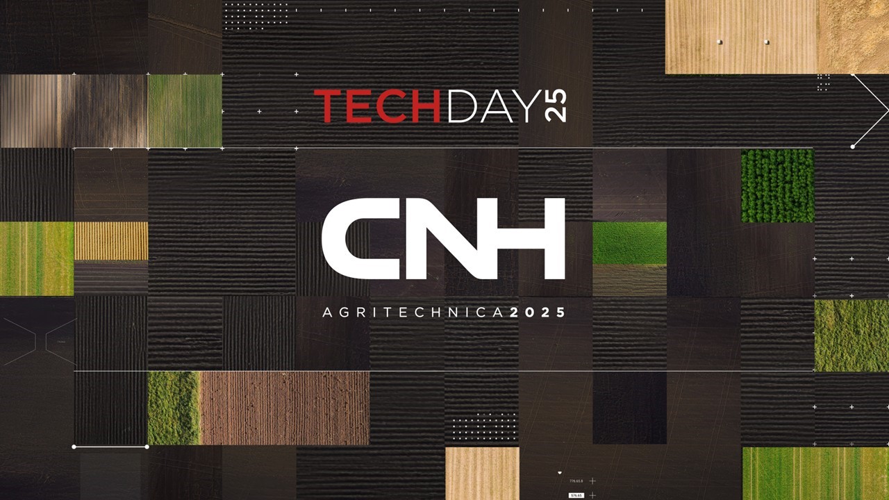 Aerial view of various agricultural fields in different shades of green, brown, and yellow arranged in a patchwork pattern with the text "TECH DAY 25" in red and white at the top and "CNH AGRITECHNICA 2025" in bold white letters in the center, representing an agricultural technology event.