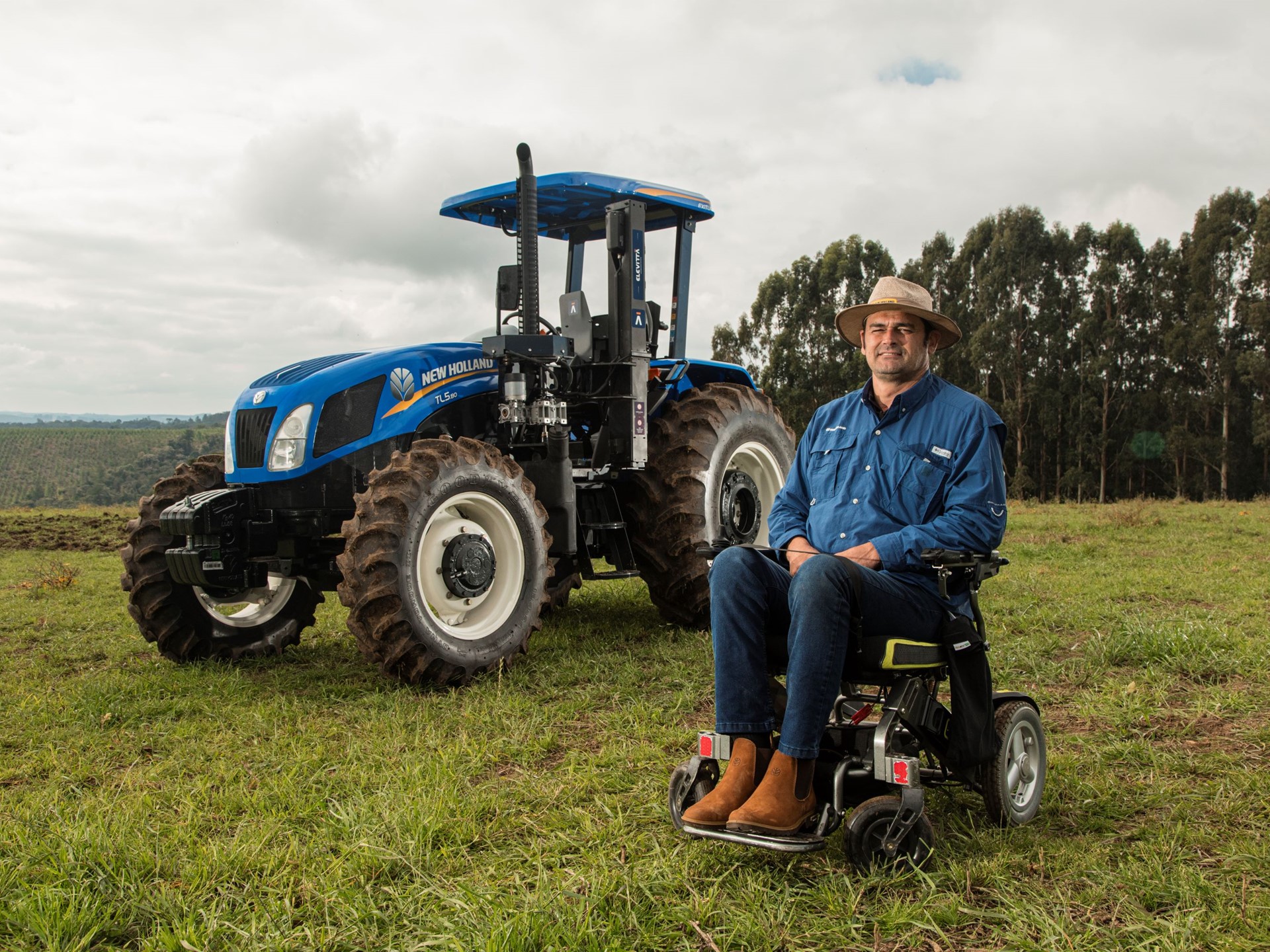 The farmer poses for a photo before work