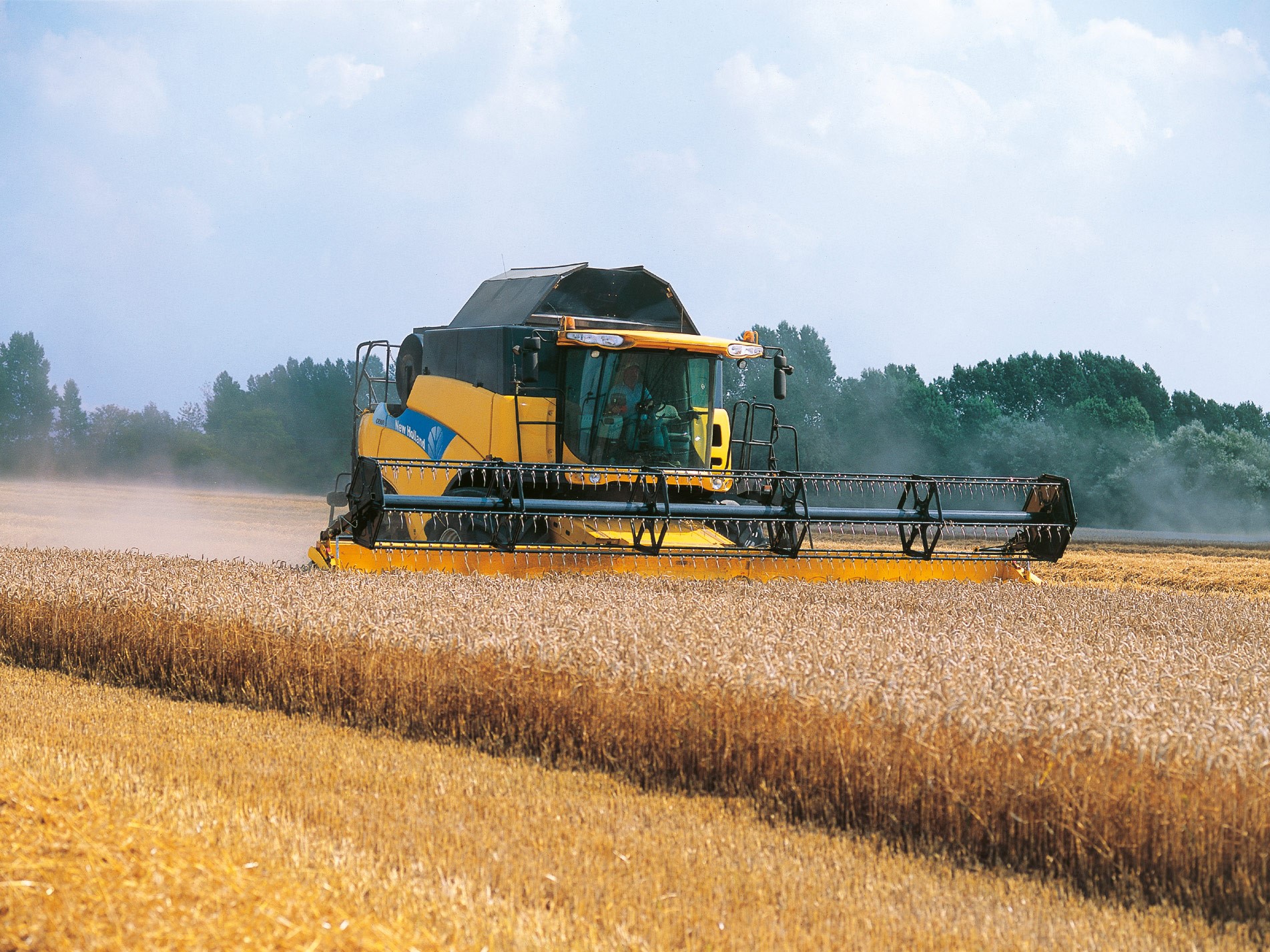 A yellow and black combine harvester working in a golden wheat field under a blue sky with scattered clouds. Dust is being kicked up as the machine moves through the crops, surrounded by green trees in the background.