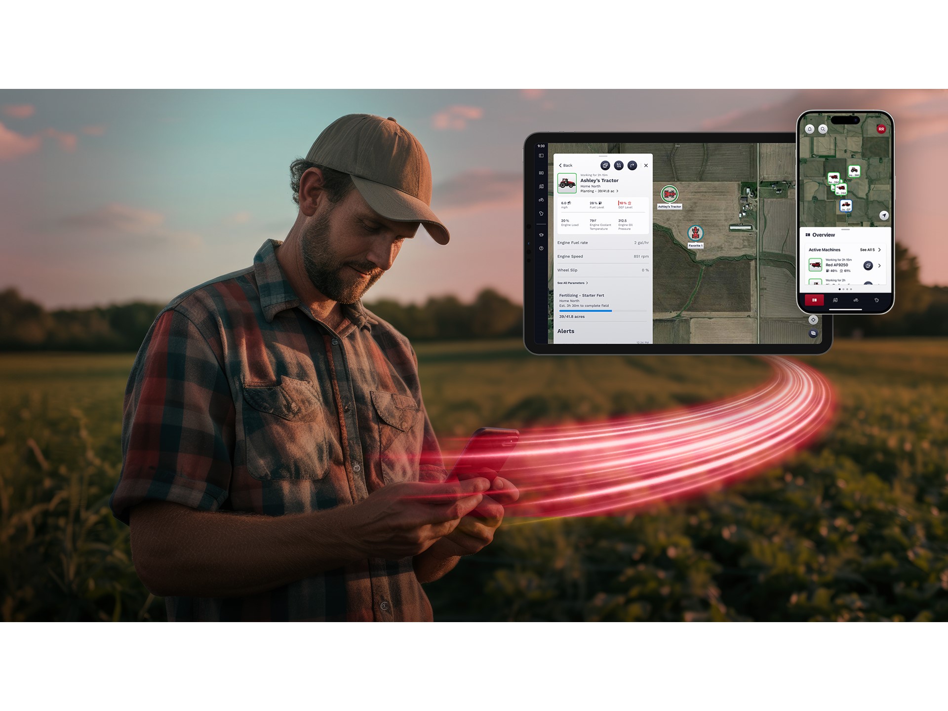 A farmer wearing a cap and plaid shirt stands in a field at sunset, looking at his smartphone. Digital overlays of a tablet and smartphone screen display a farm management app with maps and data about tractors and field activities, connected by red light trails symbolizing real-time data transfer.