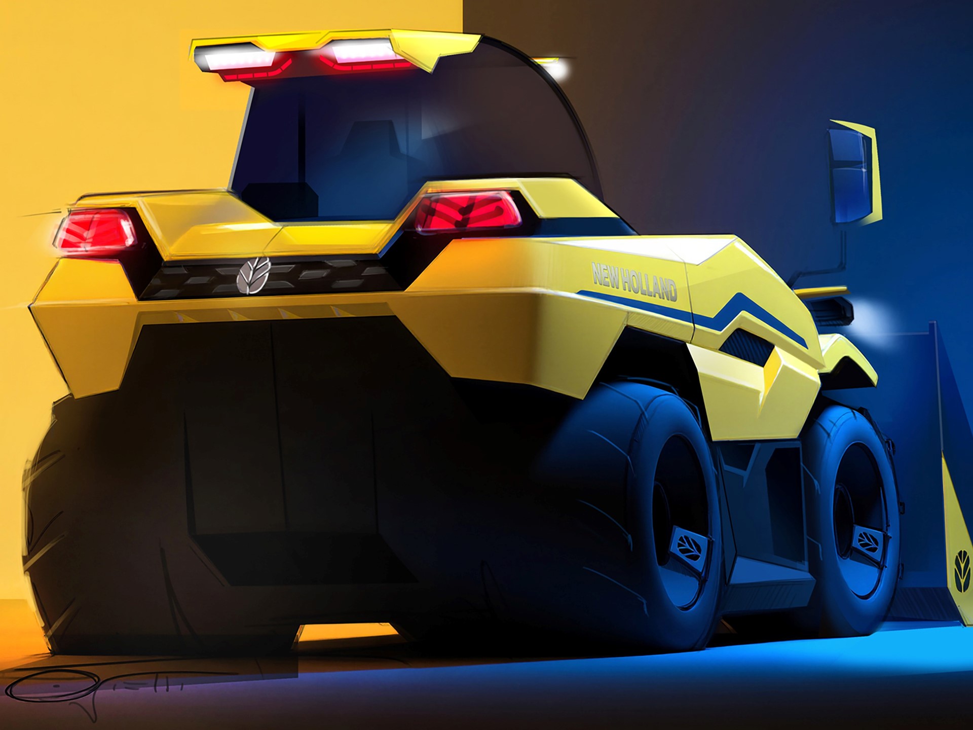 A futuristic yellow and black New Holland agricultural vehicle with large tires and bright red rear lights, set against a split background of yellow and blue lighting. The vehicle has a sleek, modern design with a prominent front blade attachment.