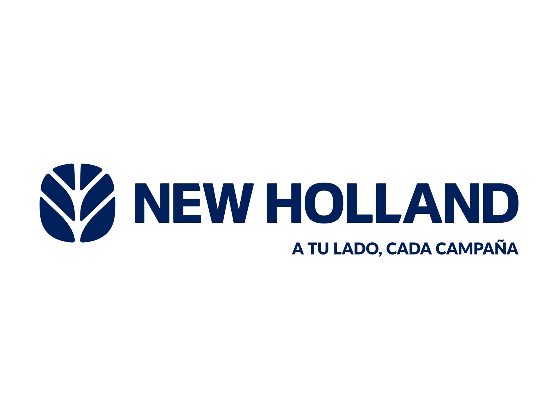 New Holland logo featuring a stylized leaf emblem in dark blue, accompanied by the text "NEW HOLLAND" in bold uppercase letters and the Spanish slogan "A TU LADO, CADA CAMPAÑA" below it, all on a white background.