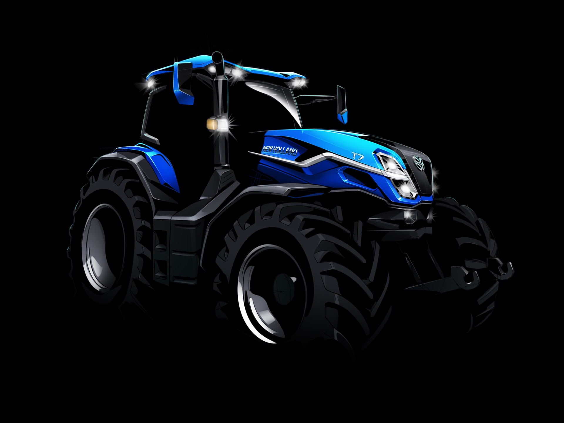 Illustration of a modern blue tractor with large black tires and bright headlights on a black background, showcasing a sleek and futuristic design.