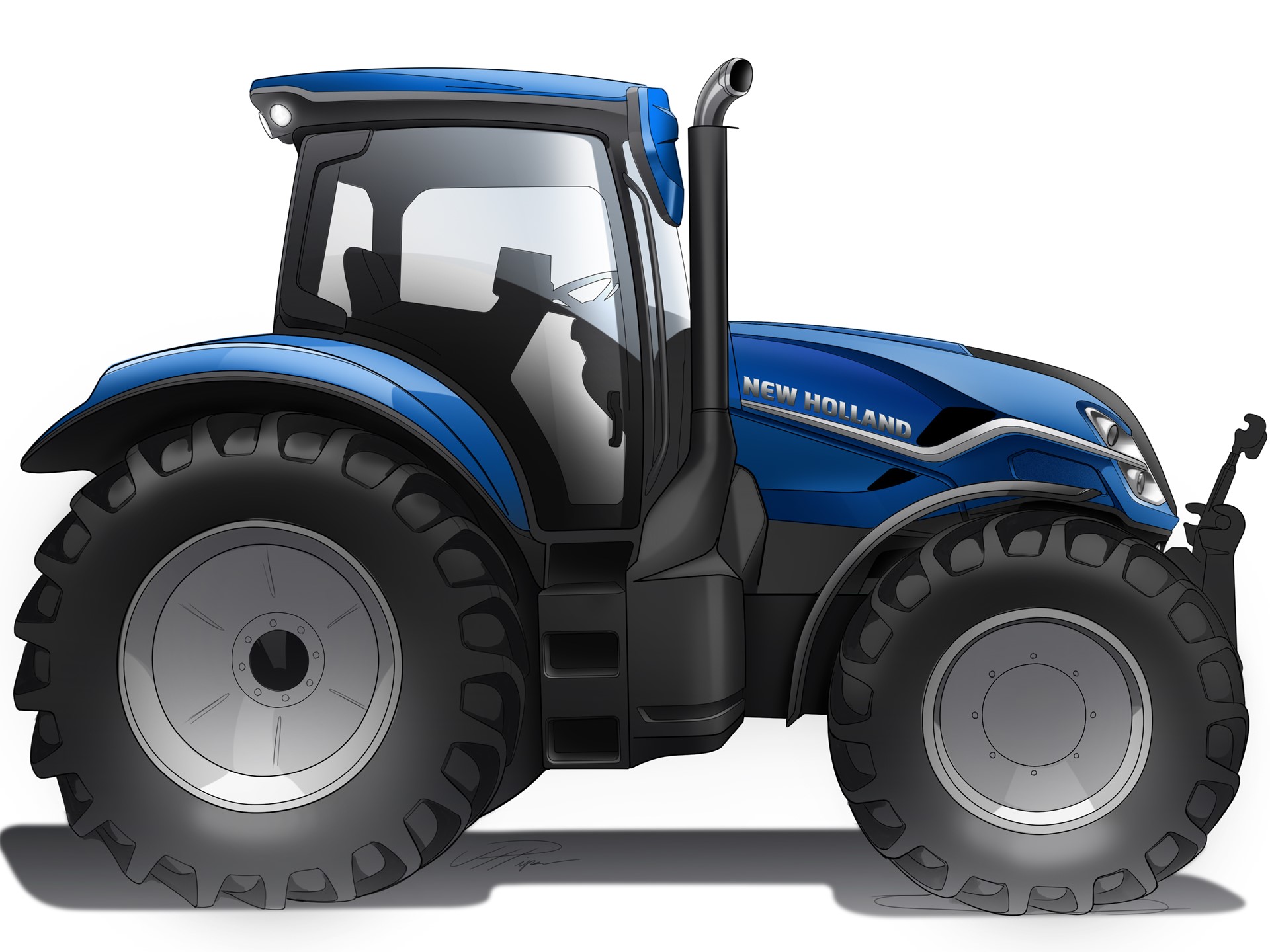 Illustration of a blue New Holland tractor with large rear and front tires, a black exhaust pipe, and a closed cabin, shown from the side on a white background.