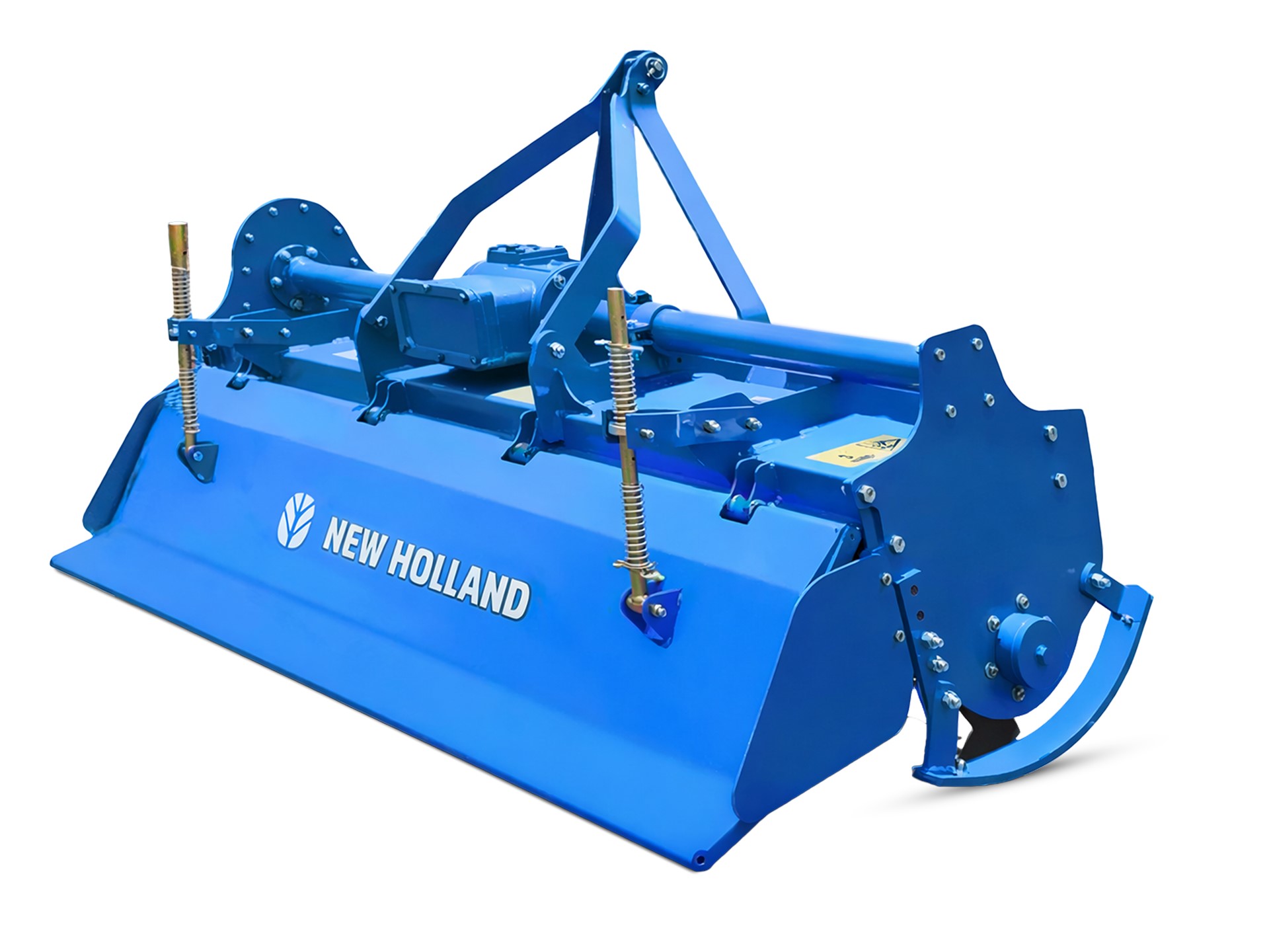 Blue New Holland rotary tiller agricultural implement isolated on a white background, used for soil preparation and cultivation.
