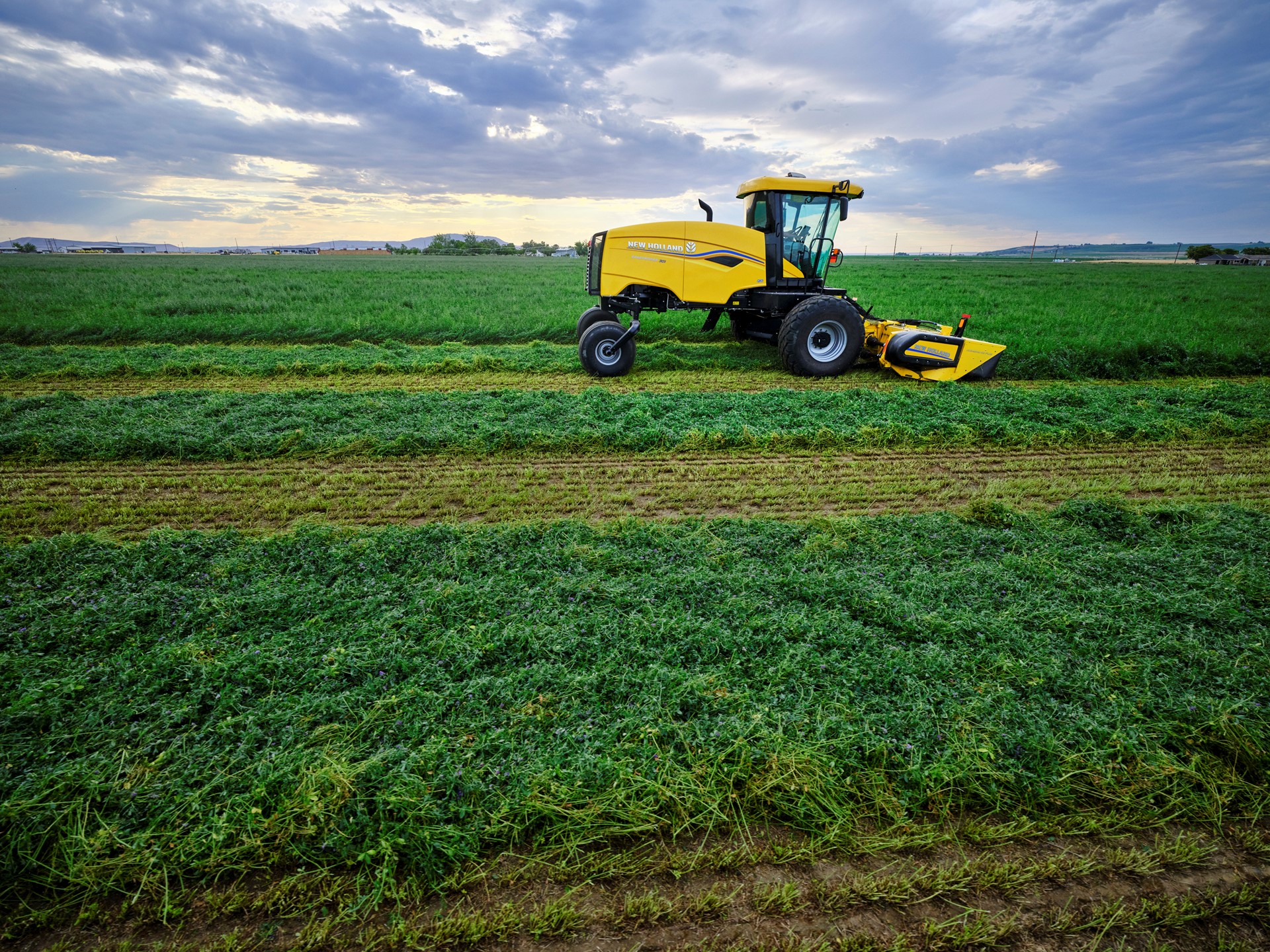 A yellow New Holland agricultural mower operating in a green field under a cloudy sky, cutting rows of grass or crops.