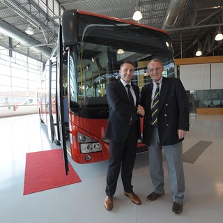 Head of Iveco Bus Sylvain Blaise with one of the Iveco Bus Crossways to be delivered to Deutsche Bahn