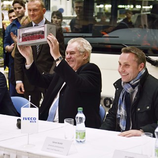 Czech Republic President Zeman hold scale model of Iveco Bus