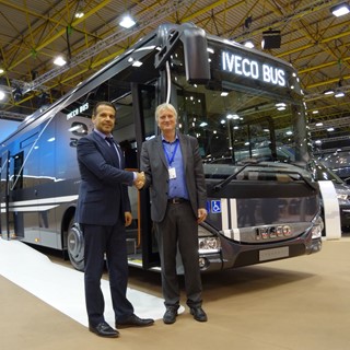 Arne Veggeland, Nettbuss CEO (right) with Paul Mechele, Head of Iveco Bus North Europe, Nettbuss Busworld 2015