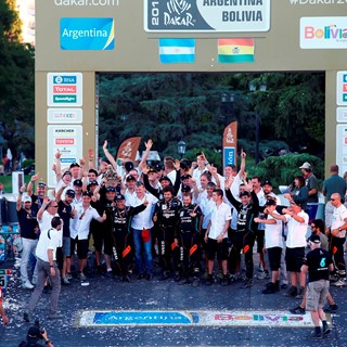 Iveco teammates celebrate victory on the Dakar 2016 podium