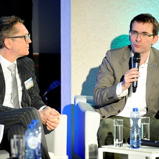 Iveco Brand President Pierre Lahutte (right) speaks at ACEA discussion panel
