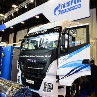 An IVECO Stralis NP LNG on the Gazprom LNG Technologies stand at the St. Petersburg International Gas Forum (SPIGF)