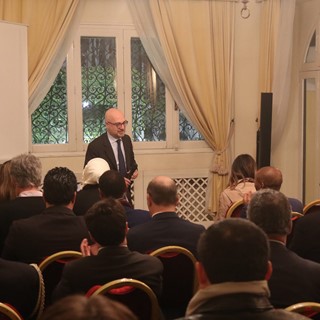 Italian Ambassador to Tunisia, His Excellency Lorenzo Fanara addresses audience