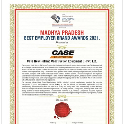 CASE Construction Equipment certified as Madhya Pradesh’s Best Employer Brand for 2021 at World HRD Congress