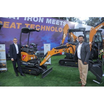Mr Alexander Markov in Mr Shalabh Chaturvedi with the Mini Excavator CX15 at CII EXCON 2023 held in Bengaluru India