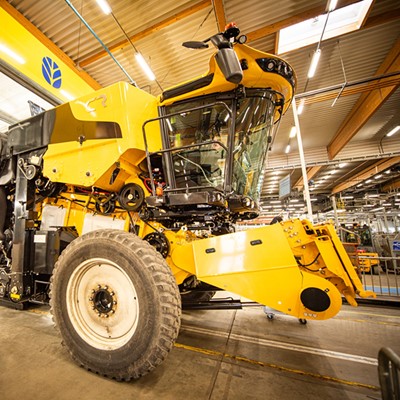 New Holland combine entering the in line test booths at Zedelgem plant