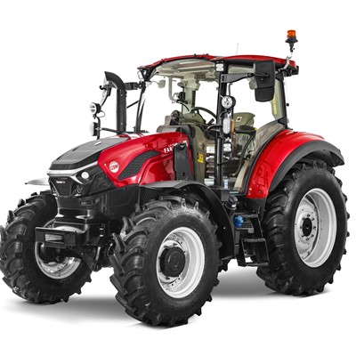 Red and black modern agricultural tractor with large rugged tires, enclosed cabin, and various attachments, isolated on a white background.