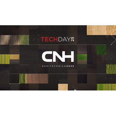 Aerial view of various agricultural fields in different shades of green, brown, and yellow arranged in a patchwork pattern with the text "TECH DAY 25" in red and white at the top and "CNH AGRITECHNICA 2025" in bold white letters in the center, representing an agricultural technology event.