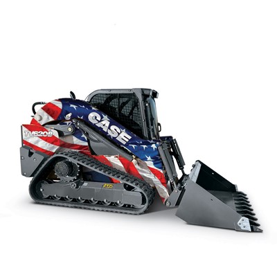 Side view of two construction vehicles a large wheel loader and a compact track loader both wrapped with an American flag design on a white background