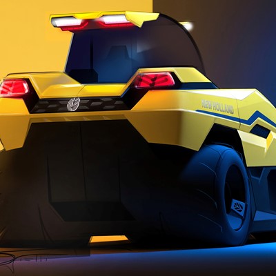 A futuristic yellow and black New Holland agricultural vehicle with large tires and bright red rear lights, set against a split background of yellow and blue lighting. The vehicle has a sleek, modern design with a prominent front blade attachment.