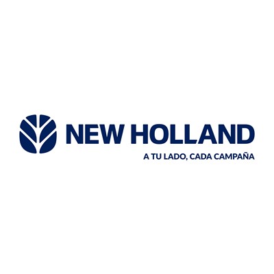 New Holland logo featuring a stylized leaf emblem in dark blue, accompanied by the text "NEW HOLLAND" in bold uppercase letters and the Spanish slogan "A TU LADO, CADA CAMPAÑA" below it, all on a white background.