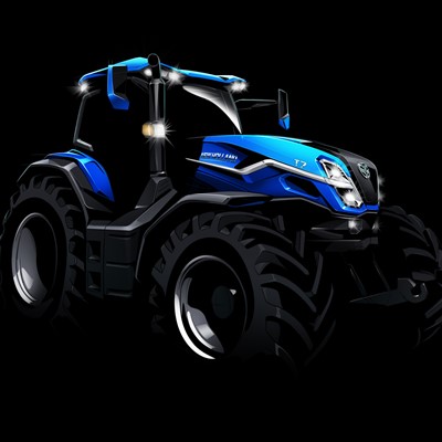 Illustration of a modern blue tractor with large black tires and bright headlights on a black background, showcasing a sleek and futuristic design.