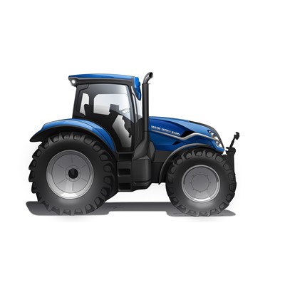 Illustration of a blue New Holland tractor with large rear and front tires, a black exhaust pipe, and a closed cabin, shown from the side on a white background.