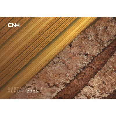 Close-up aerial view of agricultural fields and cracked dry soil side by side, symbolizing sustainability and environmental challenges, with the text "Sustainability Report 2025" and the CNH logo in the top left corner.