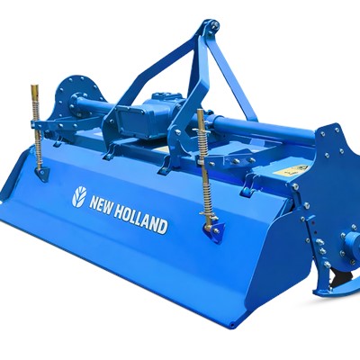 Blue New Holland rotary tiller agricultural implement isolated on a white background, used for soil preparation and cultivation.