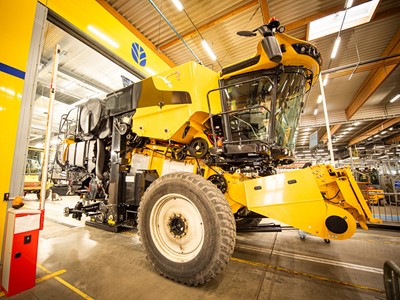 New Holland combine entering the in line test booths at Zedelgem plant