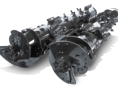 A pair of industrial augers, featuring a sleek black finish, with multiple blades and mechanical components visible. The augers are positioned parallel to each other, showcasing their intricate design and engineering.
