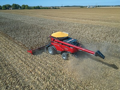 A red Case IH combine harvester is actively harvesting a large golden cornfield under a clear blue sky, with harvested corn visible in the machine's grain tank and dust rising from the cutting area.