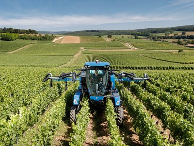 A blue agricultural machine is operating in a vineyard with rows of green grapevines under a clear blue sky, surrounded by rolling hills and farmland in the background.