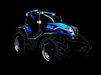 Illustration of a modern blue tractor with large black tires and bright headlights on a black background, showcasing a sleek and futuristic design.