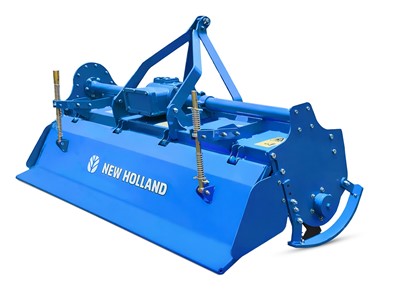 Blue New Holland rotary tiller agricultural implement isolated on a white background, used for soil preparation and cultivation.