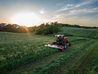 A red agricultural mower cutting grass in a large green field during sunset, with trees and rolling hills in the background under a partly cloudy sky.