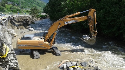 Case CX350 crawler exavator repairing riverbanks following European flooding