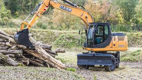 Case WX148 wheel loader moving logs