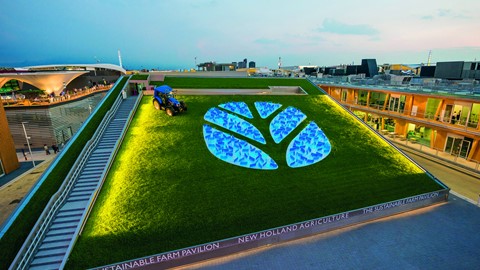 Sustainable Farm Pavilion at dusk