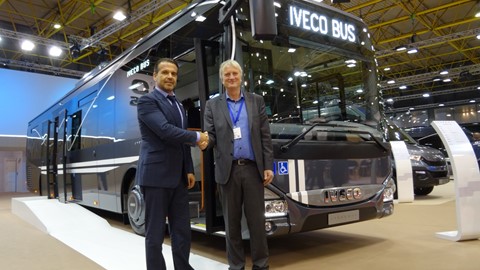 Arne Veggeland, Nettbuss CEO (right) with Paul Mechele, Head of Iveco Bus North Europe, Nettbuss Busworld 2015