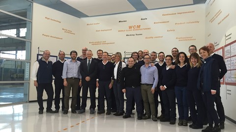 Employees from the CNH Industrial San Mauro, Italy plant pose for a photo to celebrate their WCM Bronze Medal